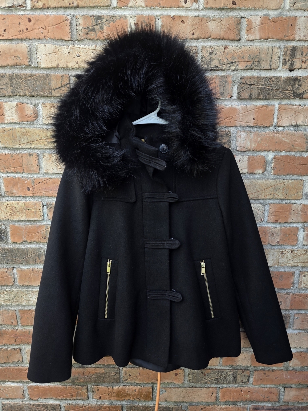 Zara Black Faux Fur-Trim Toggle Pea Coat - Picture 14 of 16